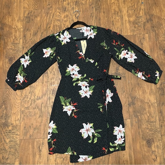 Gilli Wmns Wrap Dress Black polka dot Floral Midi  puff Long Sleeve V Neck Small - Picture 14 of 16